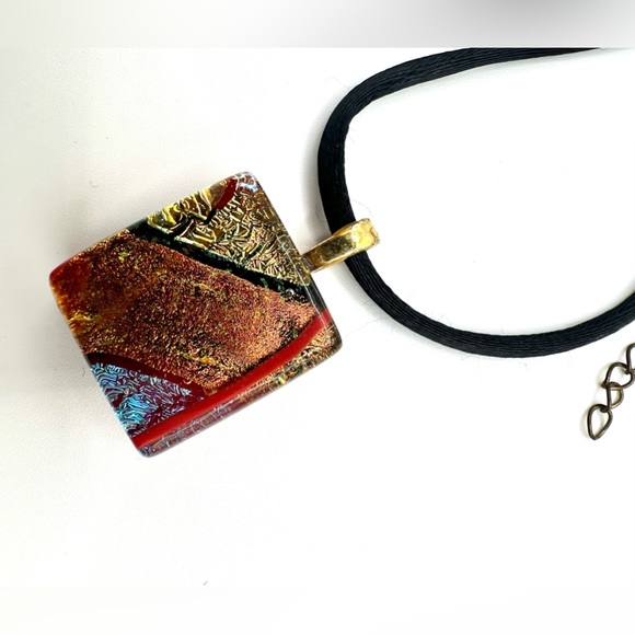 Dichroic Art Glass Pendant Necklace 21” Black Cord with Extender Handcrafted - Picture 8 of 8